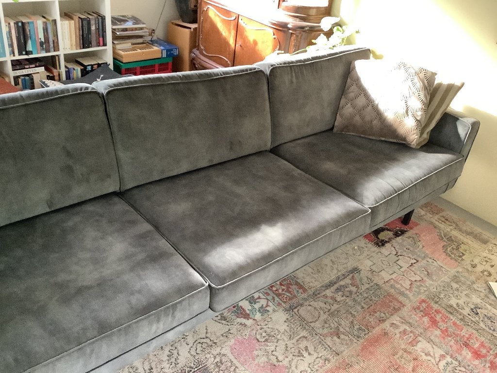 Mooie driezitsbank, groen velours, Ophalen, 250 tot 300 cm, Driepersoons, 75 tot 100 cm