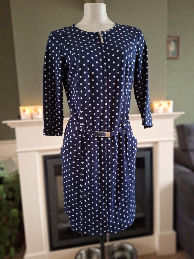 Caroline Biss blauw wit polkadot jurk riem 40, Kleding | Dames, Jurken, Maat 38/40 (M), Zo goed als nieuw, Knielengte, Caroline Biss