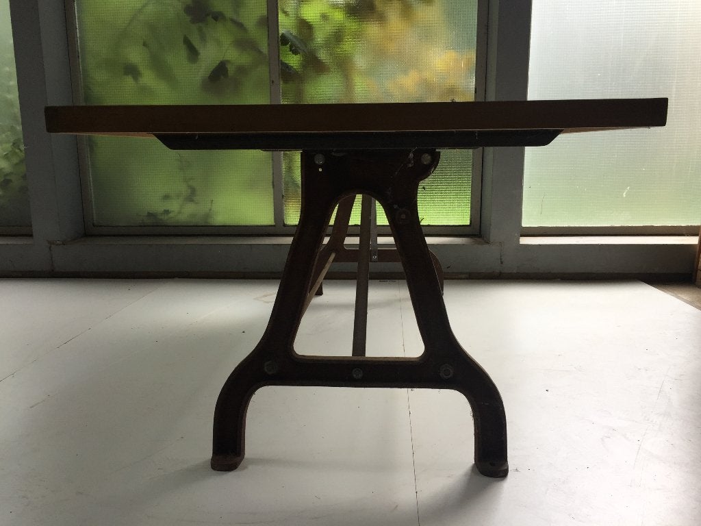 Eettafel met gietijzeren onderstel, teak blad 220cm, Huis en Inrichting, Tafels | Eettafels, Ophalen, Teakhout, 50 tot 100 cm