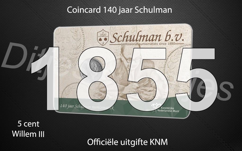 140 jaar Schulman in coincard KNM - 5 cent 1855 zilver, Postzegels en Munten, Munten | Nederland, Ophalen of Verzenden, Koning Willem III