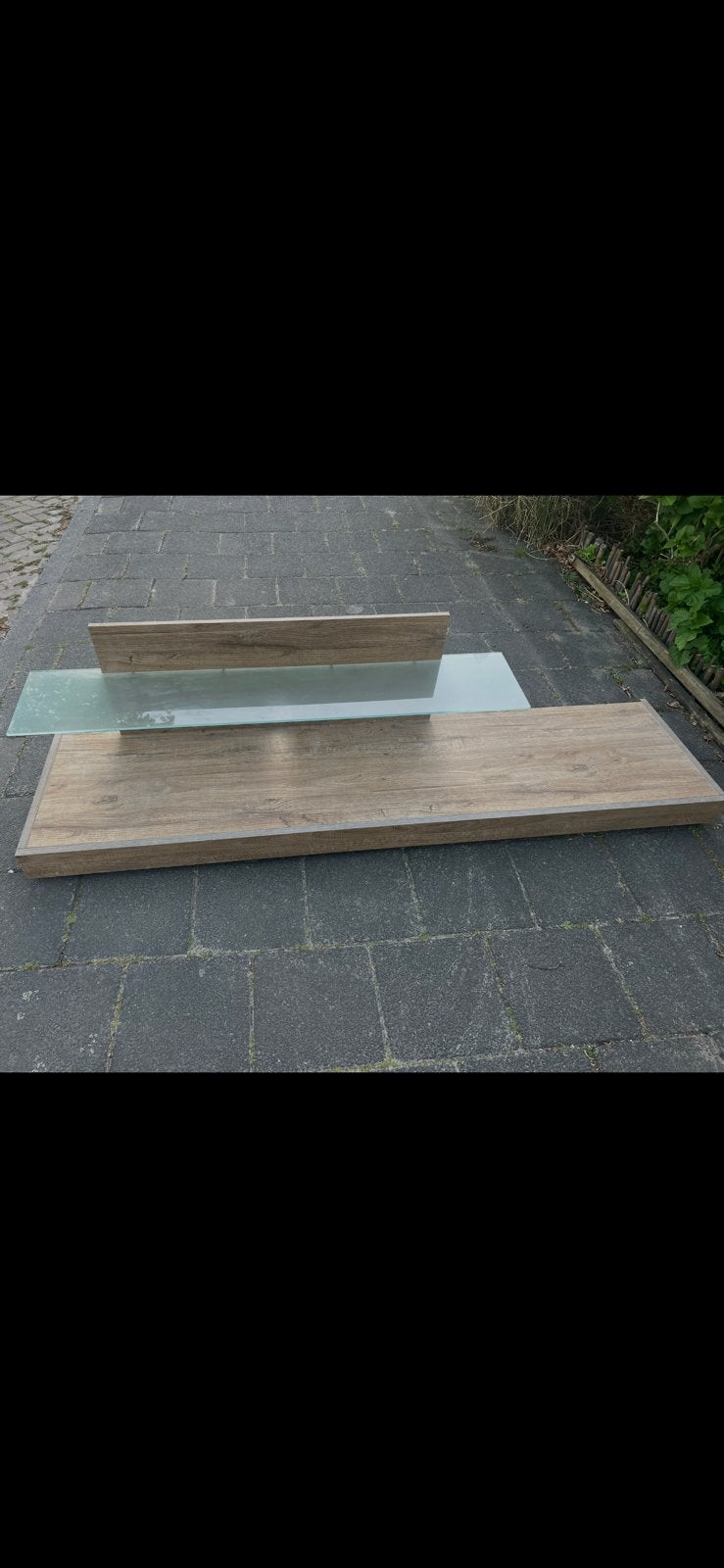 Meubel glasplaat en hout, Ophalen, Gebruikt, Overige houtsoorten, Modern