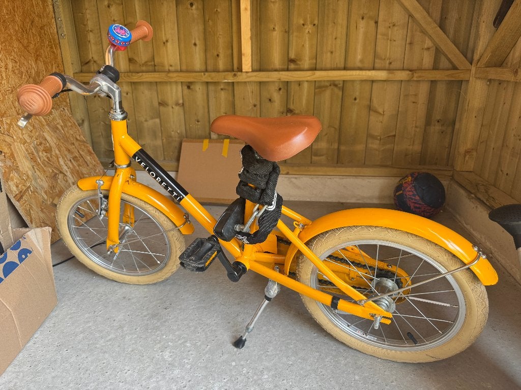 Veloretti Maxi gele kinderfiets, Ophalen, Terugtraprem, Zijwieltjes, 16 tot 20 inch