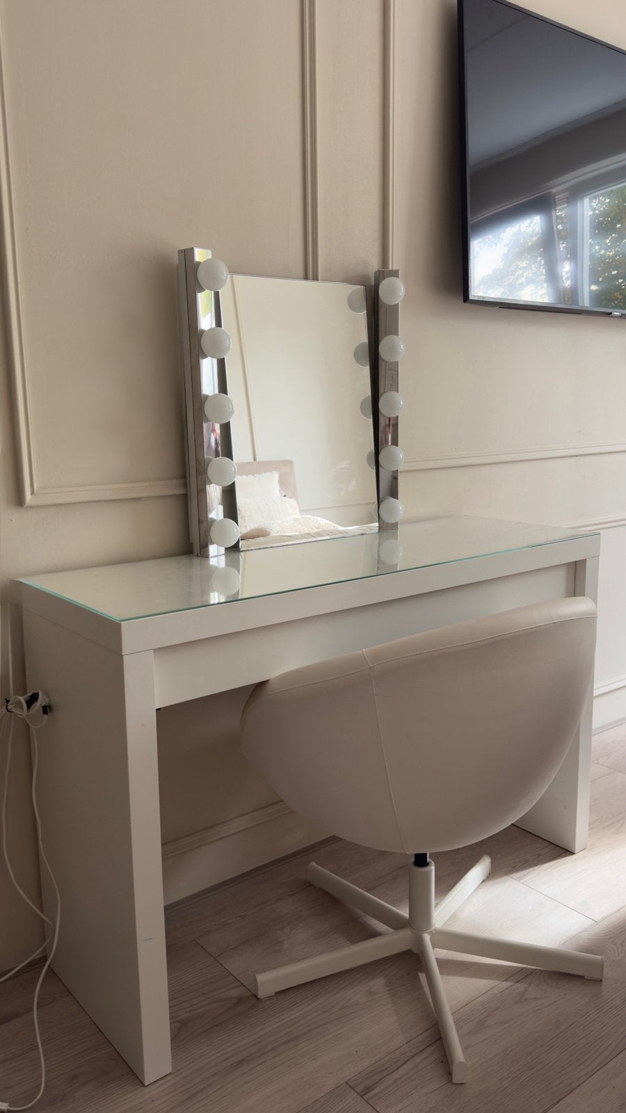 Kaptafel met spiegel, lampen en stoel, Ophalen, Gebruikt, Hout, 100 tot 150 cm