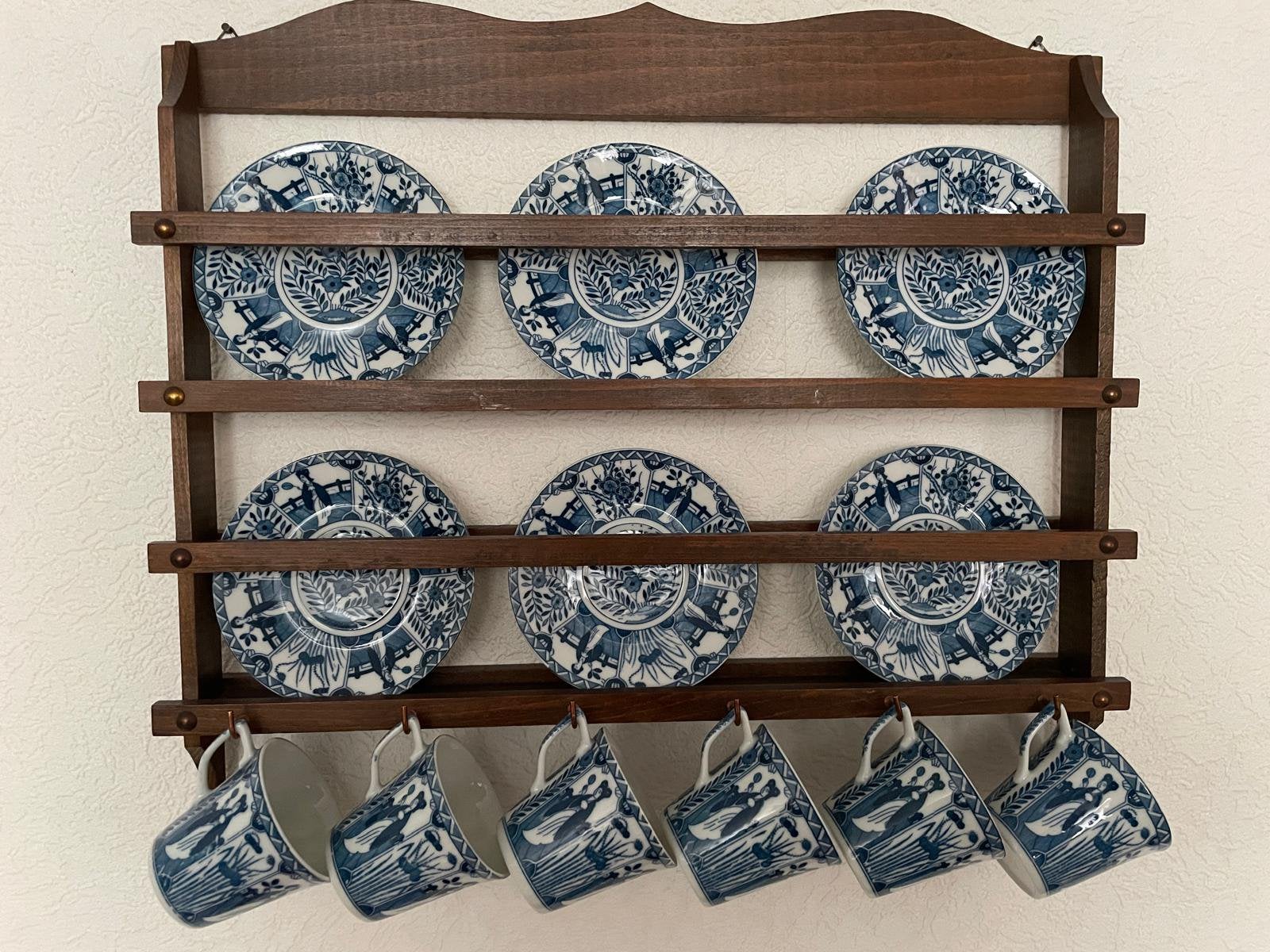 Mooi eiken bord met 6 delfts blauwe kop en schoten, Ophalen of Verzenden