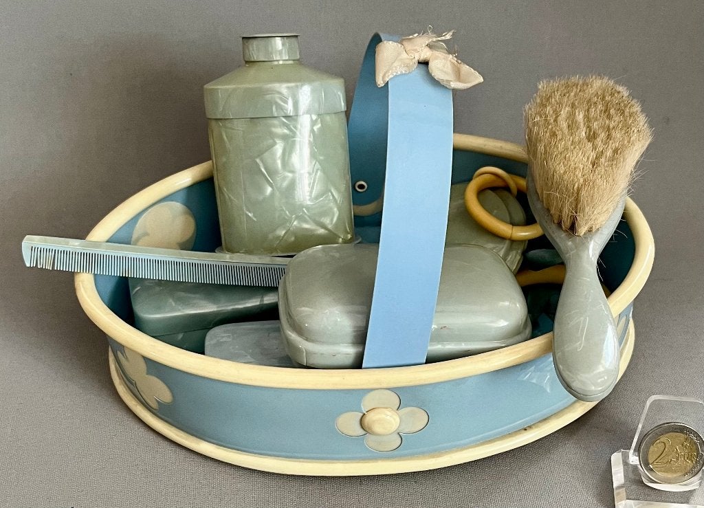 30s Celluloid Babykamerset, Blauw ('Jongetje'), Compleet, Antiek en Kunst, Curiosa en Brocante, Ophalen of Verzenden