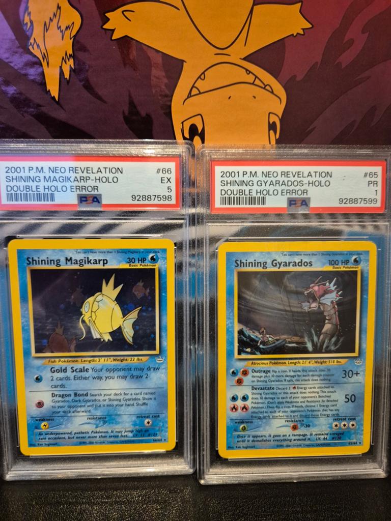 Shining Magikarp PSA 5 & Gyarados PSA 1 Double Holo Error, Ophalen of Verzenden, Nieuw, Meerdere kaarten, Foil