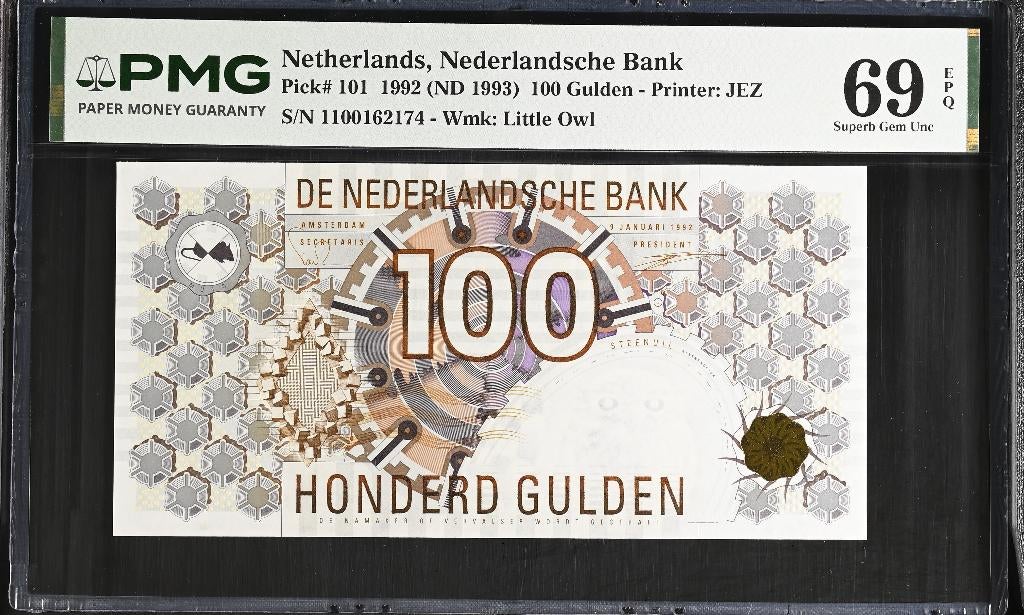 UNC biljet 100 gulden Steenuil, 1992 | PMG 69 EPQ, Ophalen of Verzenden, 100 gulden