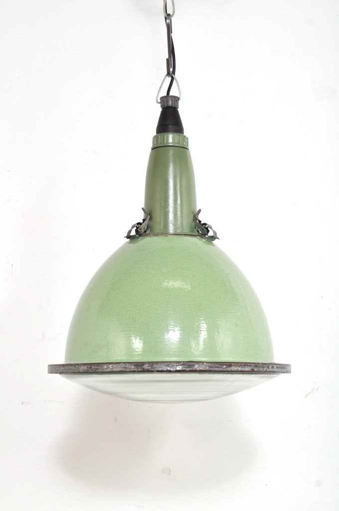 Vintage emaille lampen fabriekslamp bol glas jaren 50, Huis en Inrichting, Lampen | Hanglampen, Ophalen of Verzenden, Gebruikt