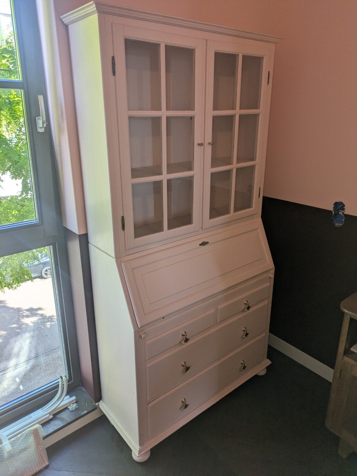 Vintage roze secretaire / vitrinekast jaren 80 bureaukast, Huis en Inrichting, Kasten | Buffetkasten, Ophalen, Gebruikt, Grenenhout