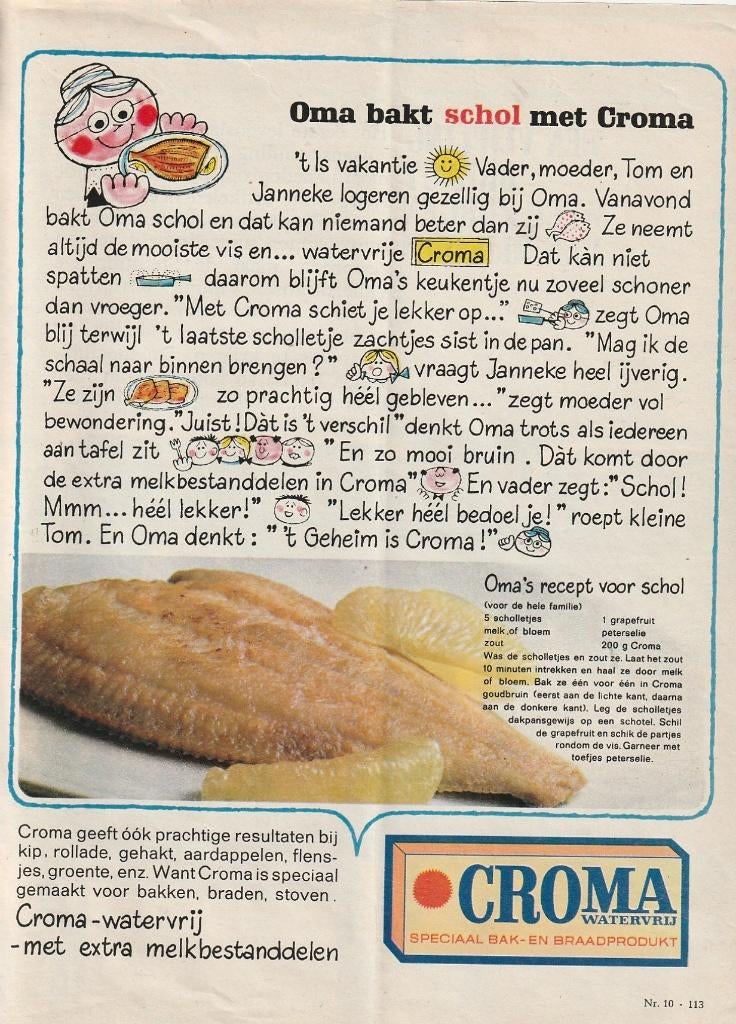 Retro reclame 1966 Croma bakboter oma bakt schol vis, Verzenden, Overige typen