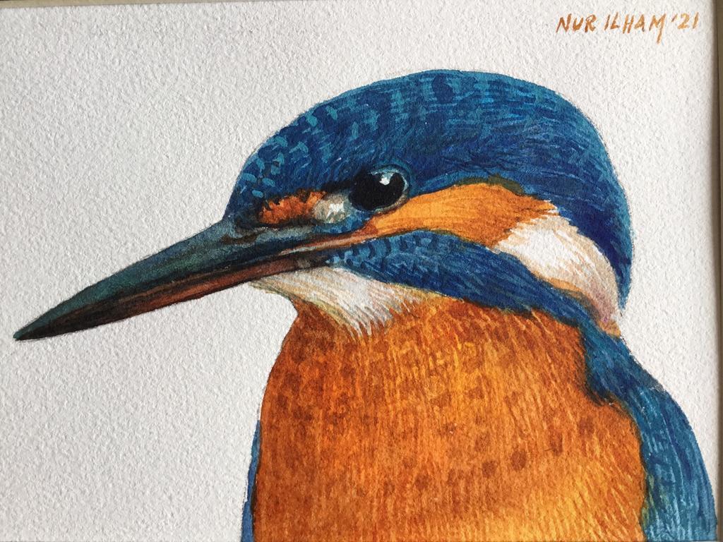 Aquarel IJsvogel geschilderd door Nurilham, Antiek en Kunst, Kunst | Schilderijen | Modern, Ophalen of Verzenden