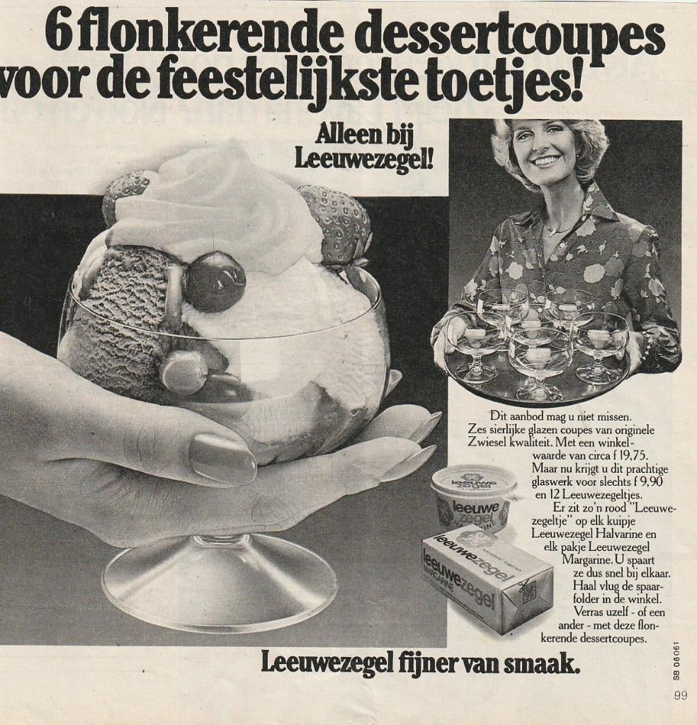 Retro reclame 1976 Leeuwezegel zuivel 6 toetjes coupes glas, Verzenden, Overige typen
