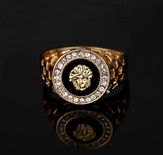 18K goud verguld heren ring van leeuw met zirkonen, Sieraden, Tassen en Uiterlijk, Ringen, 20 of groter, IJzer of Staal, Heer