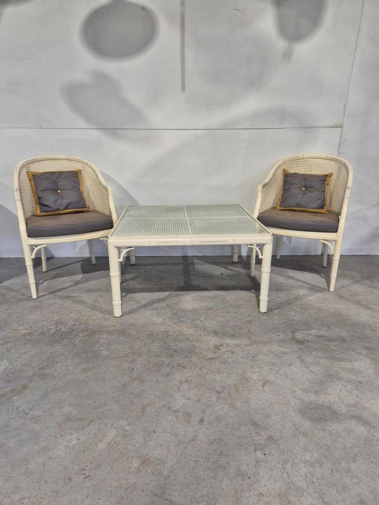 Set vintage faux bamboe webbing chippendale stoelen en tafel, Huis en Inrichting, Ophalen, Twee, Bruin, Onbekend