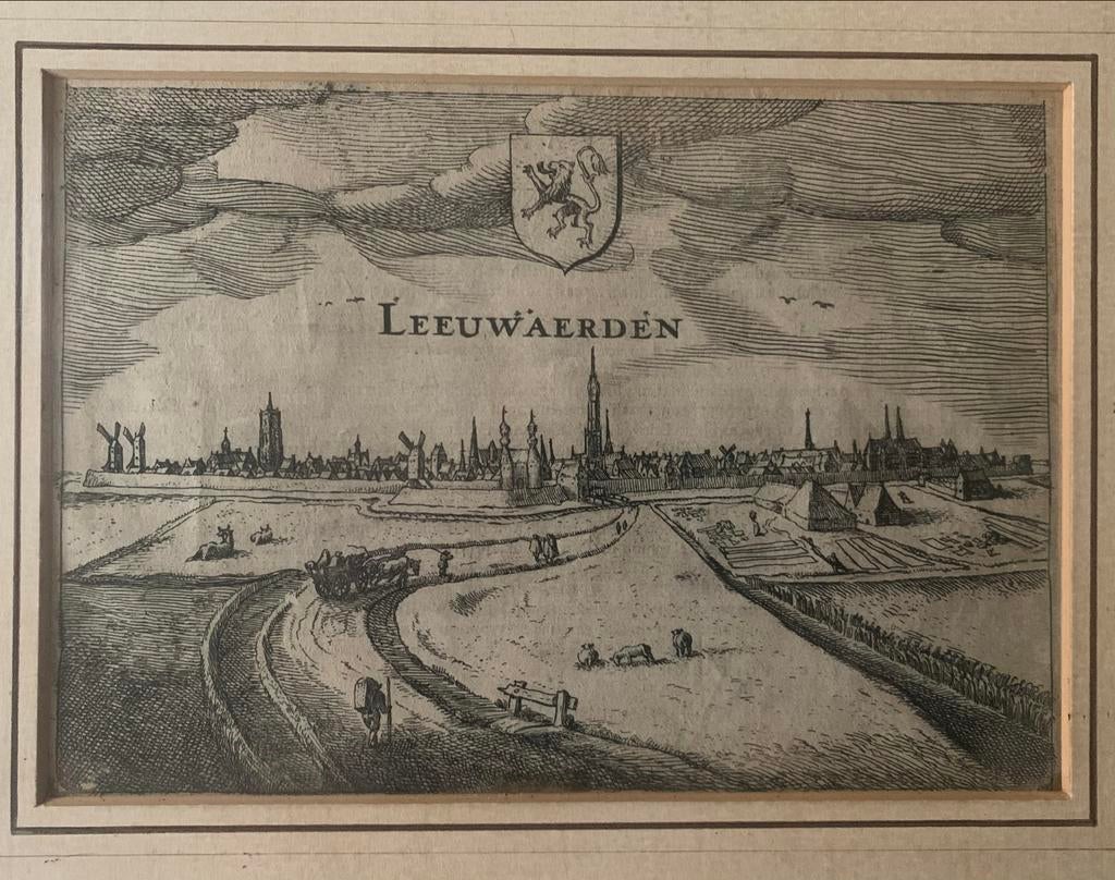 Antieke Gravure Leeuwarden ca. 1600 in Passepartout, Antiek en Kunst, Kunst | Etsen en Gravures, Ophalen of Verzenden