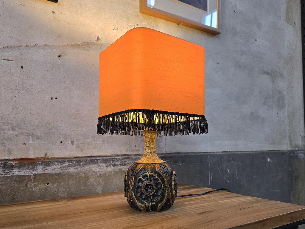 Jaren 70 Tafel Lamp Keramiek | Nieuwe Zijden Kap Oranje, Gebruikt, Vintage Retro Mid Century Design Space Age Art Deco, Overige materialen