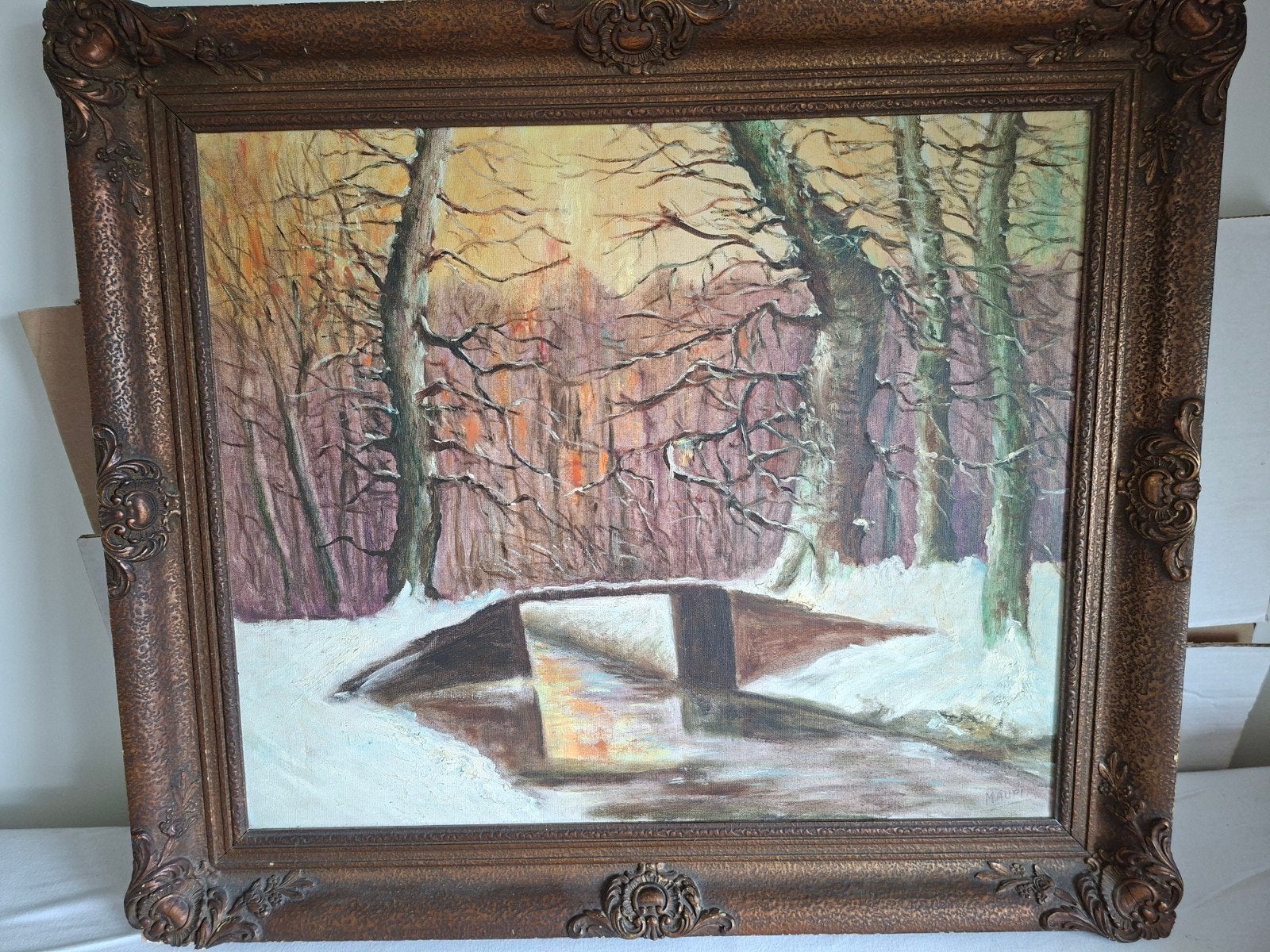 Schilderij Winterlandschap met brug, gesigneerd Maupi, Ingelijst, Doek, Realistisch, Ophalen of Verzenden
