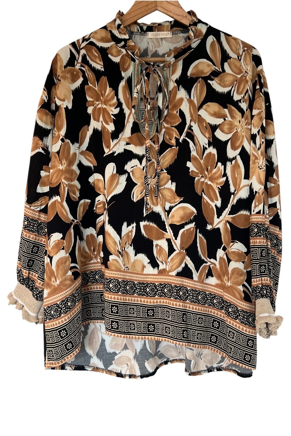 Triple Nine Blouse met Bloemenprint - Nette Staat, Ophalen of Verzenden, Gedragen, Maat 38/40 (M), Bruin
