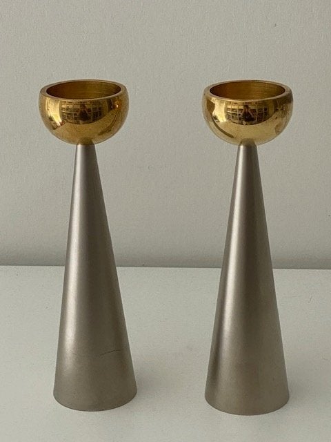 Danish Design 2 zware messing / metalen kandelaars, Verzenden, Koper of Brons