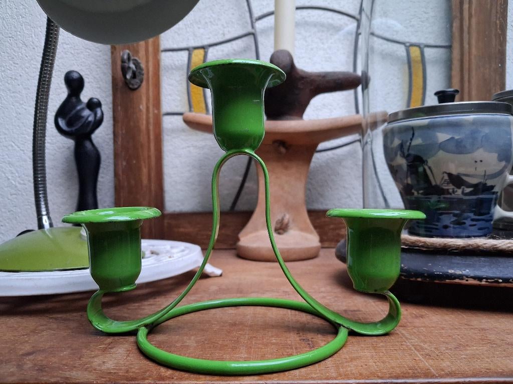 oma's brocante / vintage groene emaille kandelaar, Ophalen of Verzenden
