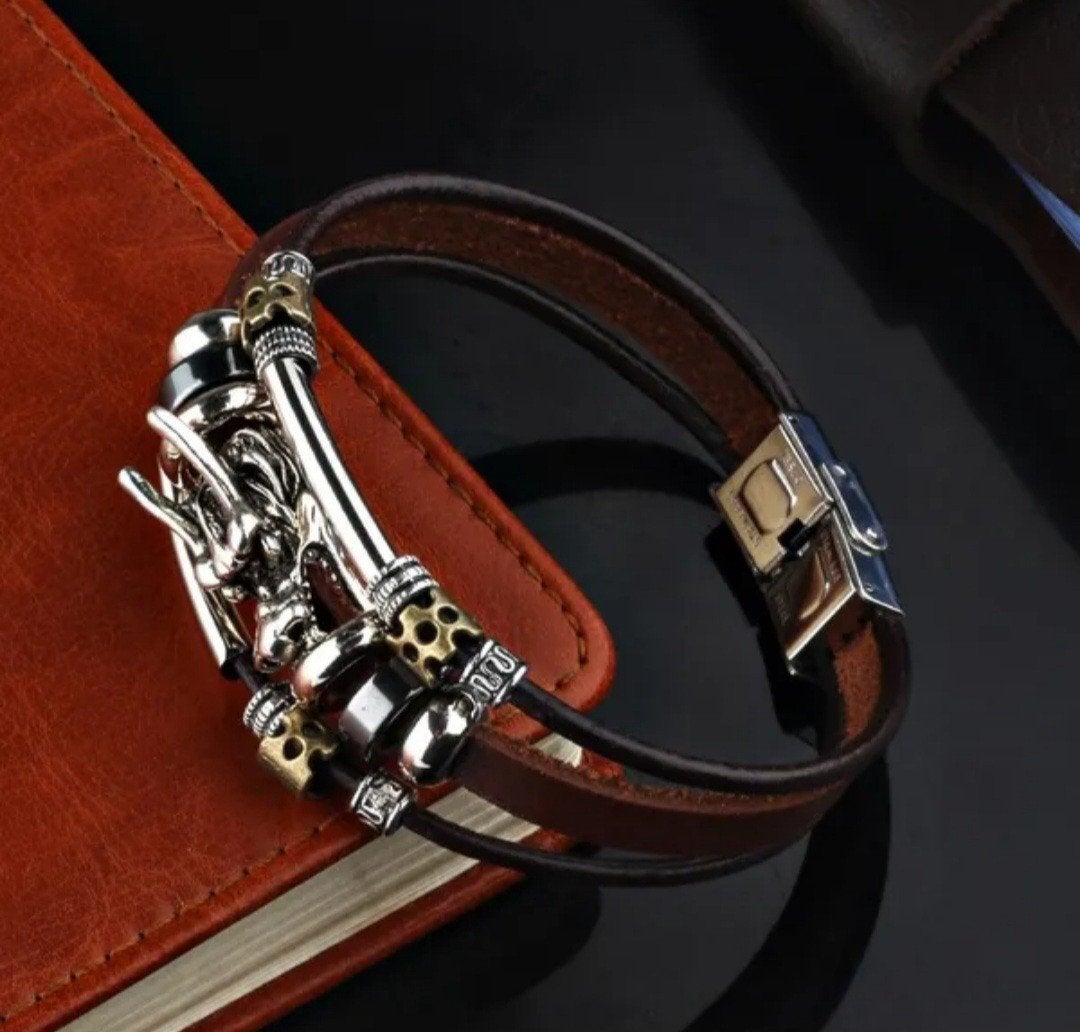 Leren armband met drakenkop en metalen details, Ophalen of Verzenden, Nieuw, Bruin, Leer