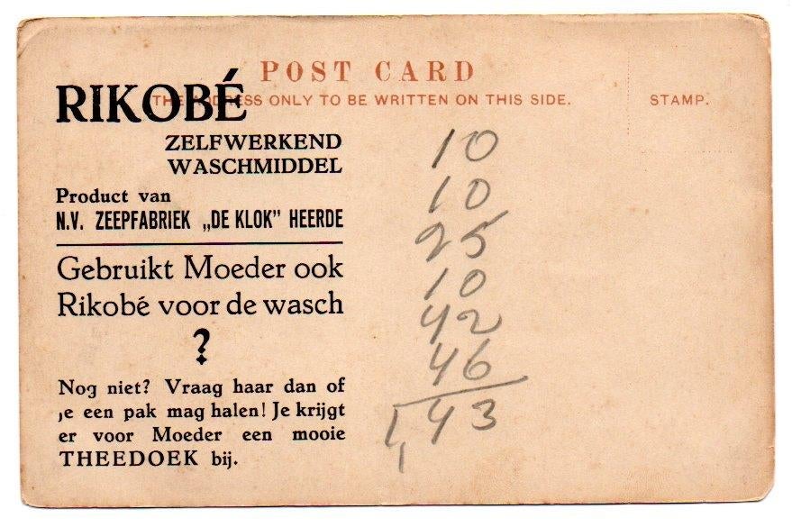 RIKOBE zelfwerkend waschmiddel Zeepfabriek De Klok Heerde, Verzamelen, Ophalen, 1920 tot 1940, Ongelopen