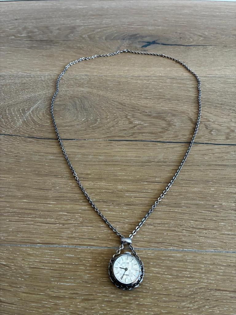 835 WERKEND Incabloc Opwind Horloge aan Halsketting - zilver, Ophalen of Verzenden, Zilver