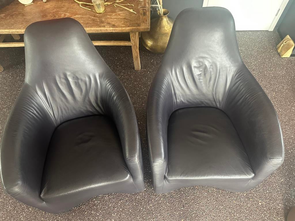 2 donker aubergine leren designfauteuil, Huis en Inrichting, Fauteuils, Ophalen, Zo goed als nieuw, Leer, 75 tot 100 cm