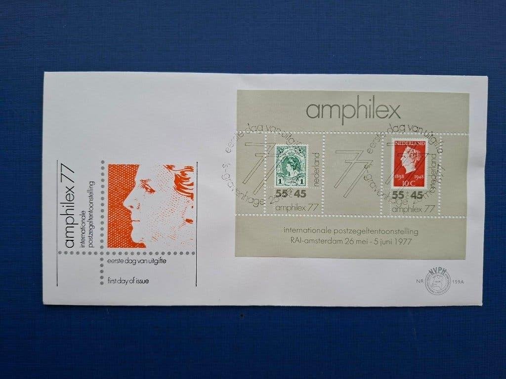 Postzegel NL 1977 FDC 159a Blok Amphilex 19-08, Postzegels en Munten, Postzegels | Nederland, Ophalen of Verzenden, Na 1940, Gestempeld