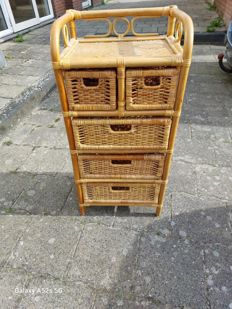 Vijf rieten laden kastje., Huis en Inrichting, Kasten | Ladekasten, Ophalen, 25 tot 50 cm, Minder dan 50 cm, Minder dan 100 cm
