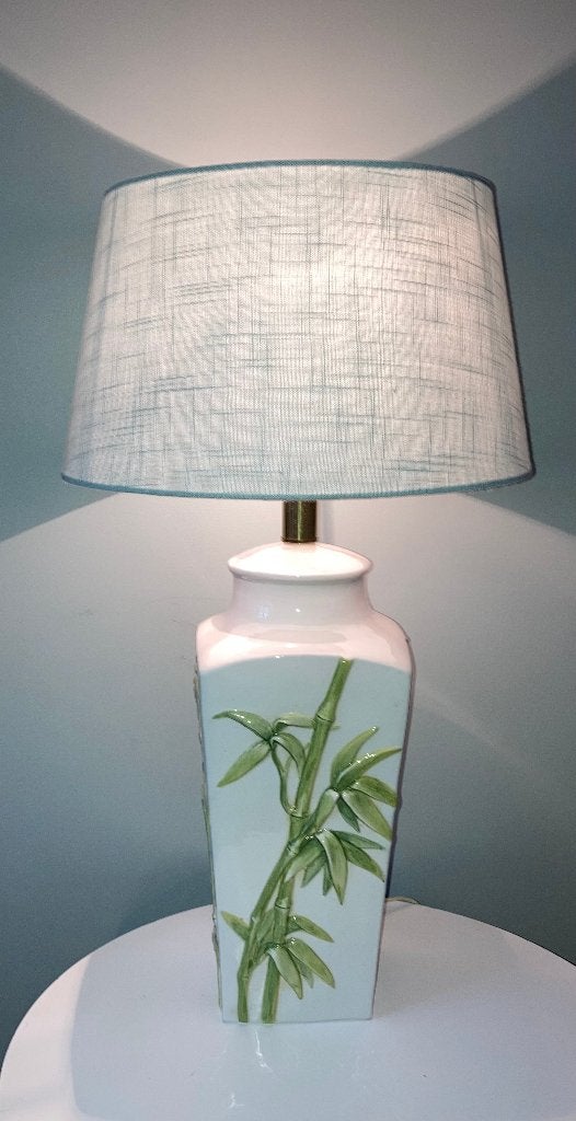 Vintage grote schemerlamp met bamboe reliëf majolica Italy, Huis en Inrichting, Lampen | Tafellampen, Overige materialen, Gebruikt