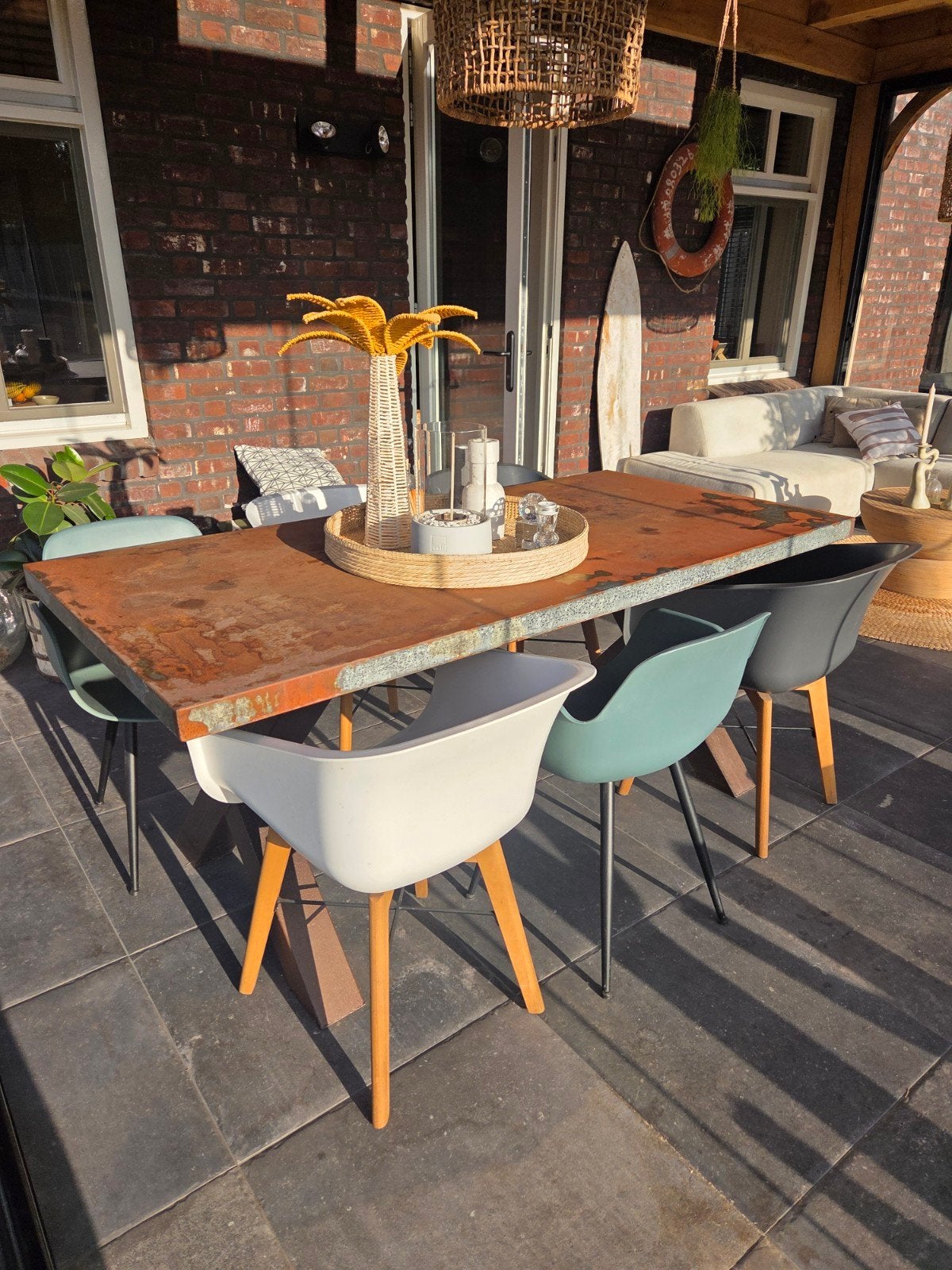Robuuste Cortenstaal Eettafel - Industrieel Design+stoelen, Gebruikt, Industrieel, Robuust, Vier personen, Rechthoekig