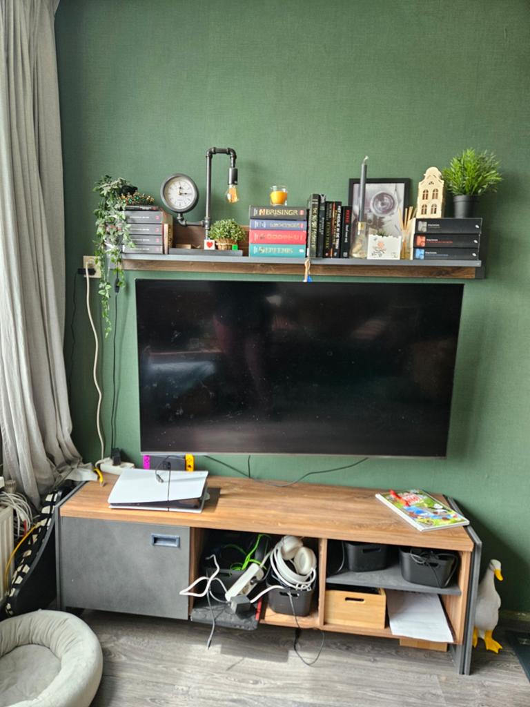 TV-kast met plank - beschadigd, mist deurtje, Huis en Inrichting, Ophalen, Gebruikt, 150 tot 200 cm, Minder dan 100 cm