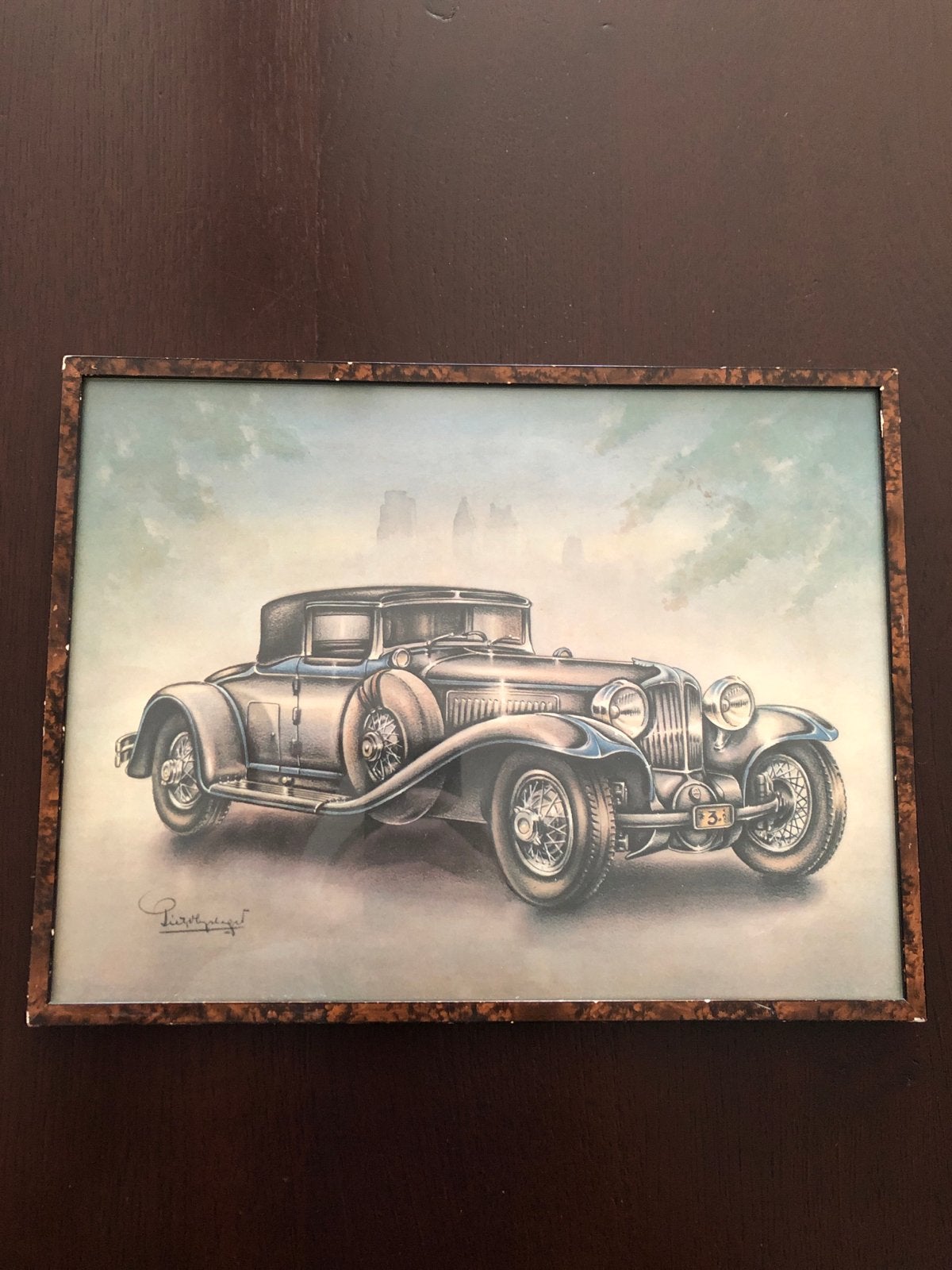 Vintage print van klassieke auto, gesigneerd, Antiek en Kunst, Kunst | Schilderijen | Klassiek, Ophalen of Verzenden, Gesigneerd