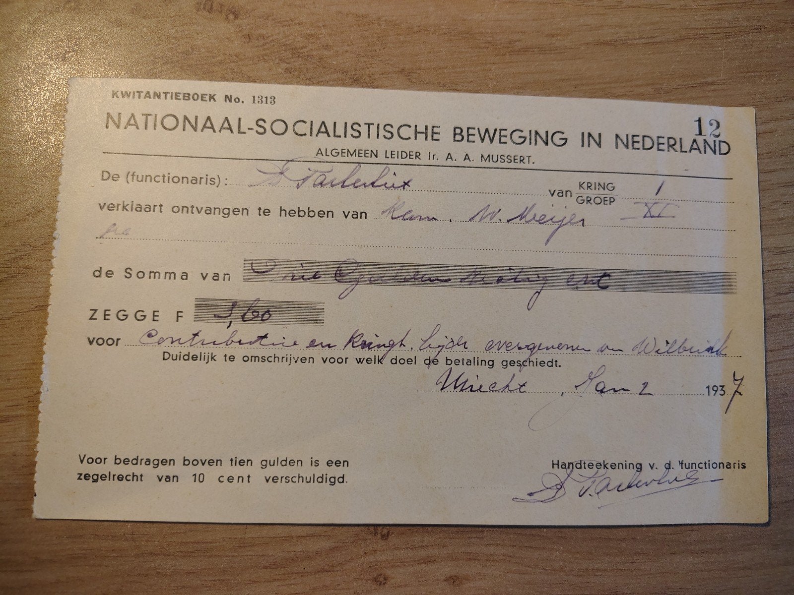 NSB Kwitantie 1937, Verzamelen, Ophalen of Verzenden, Nederland