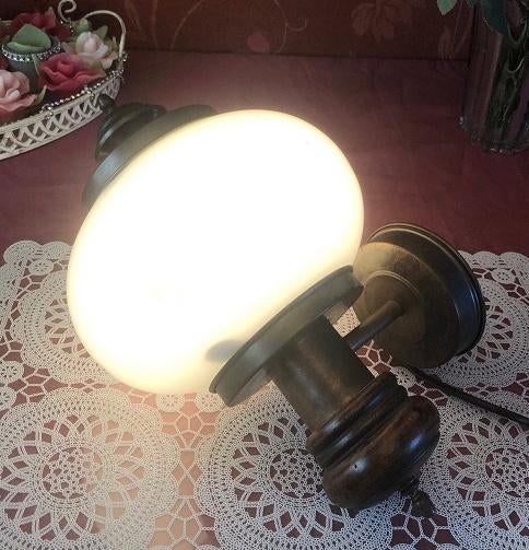 Wandlamp antiek wand lamp koper, hout glas bol olie lamp kap