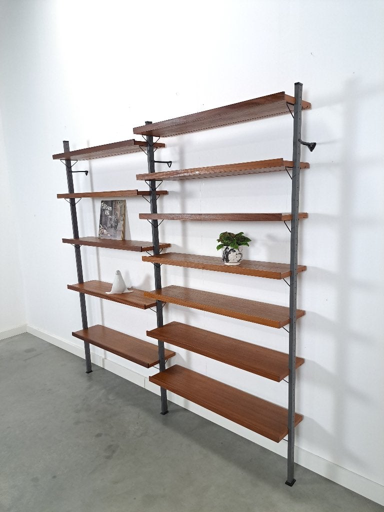 Mid Century Olof Pira Zweden teak modulair LP wandsysteem, Met plank(en), Gebruikt, Teakhout, 200 cm of meer