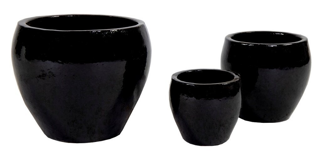 TUINPOTTEN SHINY BLACK GEGLAZUURD BOL 3 DLG SET NIEUW, -, Rond, Nieuw, Minder dan 40 cm