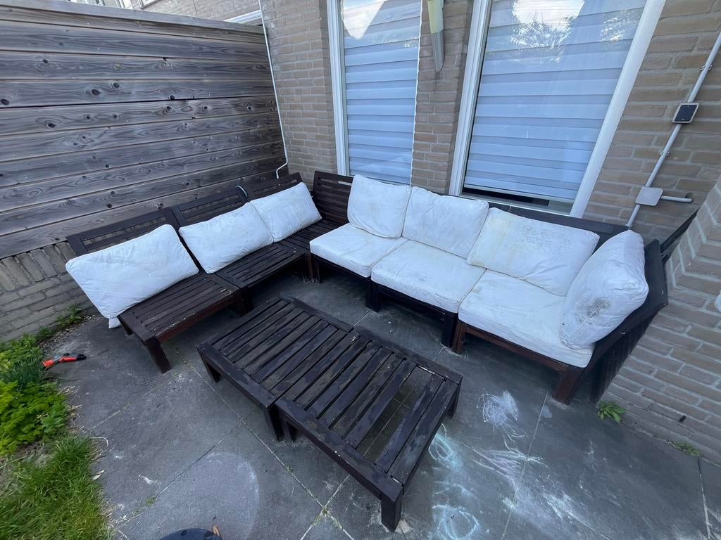 Houten loungeset met kussens, Tuin en Terras, Tuinsets en Loungesets, Ophalen, Gebruikt, 6 zitplaatsen, Loungeset