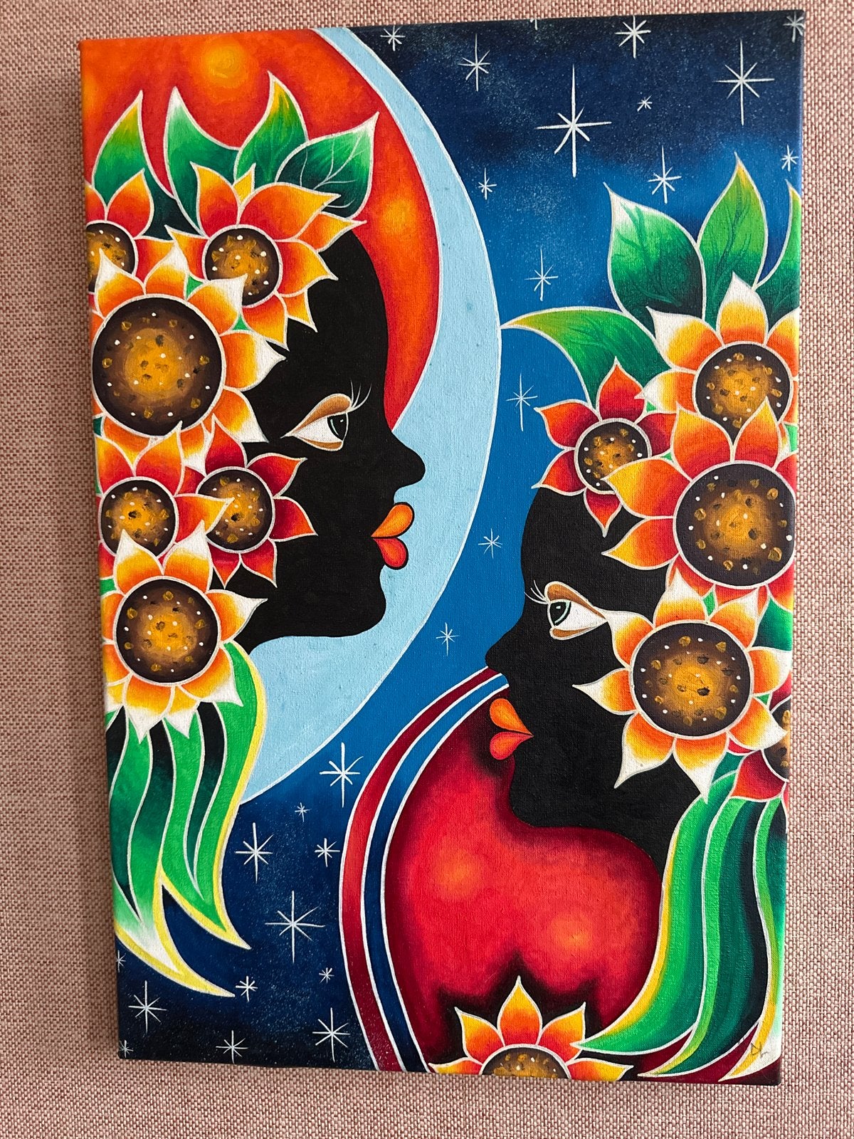 Levendig Portret: Zonnebloem Vrouwen, Antiek en Kunst, Kunst | Schilderijen | Klassiek, Ophalen, Acrylverf, Doek, Portret of Personen