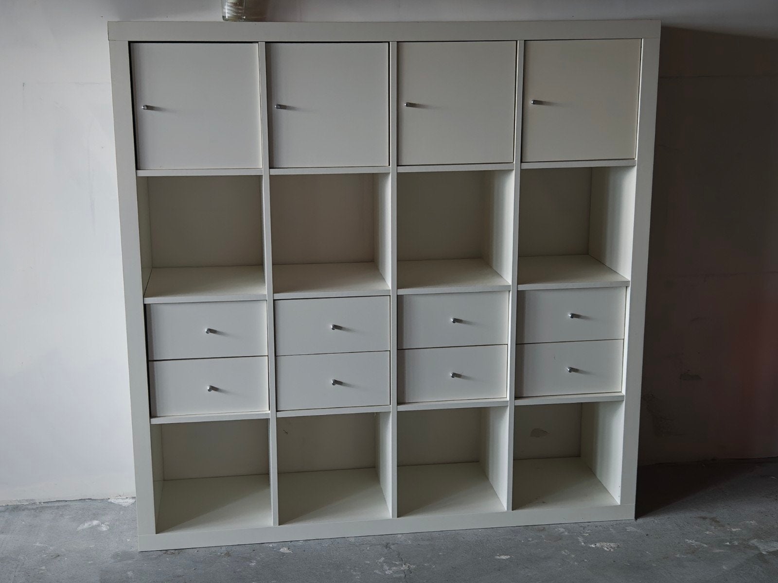 IKEA Kallax 4x4 Kast met Lades en Deuren - Wit, Ophalen, Gebruikt, 100 tot 150 cm, Modern, Functioneel
