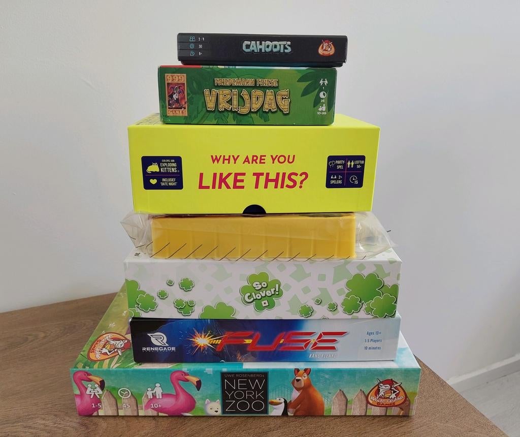 Pakket met 7 toffe spellen, oa Fuse, So Clover, New York Zoo, Hobby en Vrije tijd, Gezelschapsspellen | Bordspellen, Ophalen of Verzenden