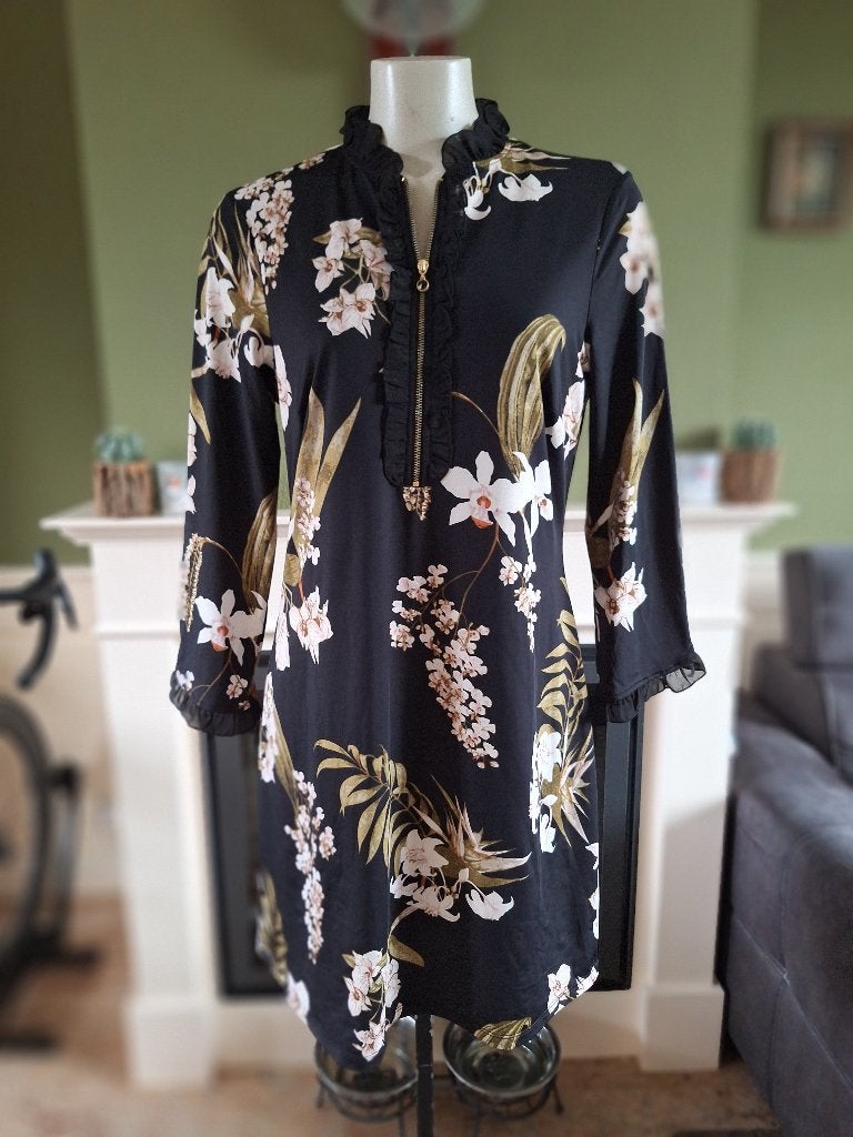 K-Design orchidee jurk met rits en ruches M, Kleding | Dames, Jurken, Maat 38/40 (M), K-design, Zwart, Ophalen of Verzenden