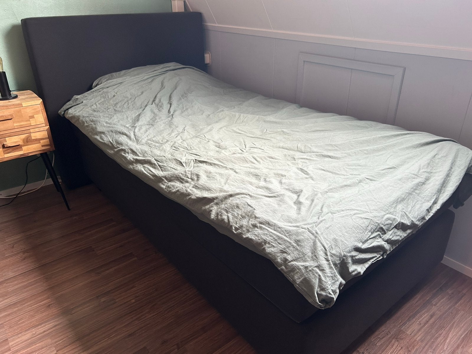 Boxspring bed 100x200cm met achterbord en topmatras, Ophalen, Eenpersoons, 200 cm, 100 cm