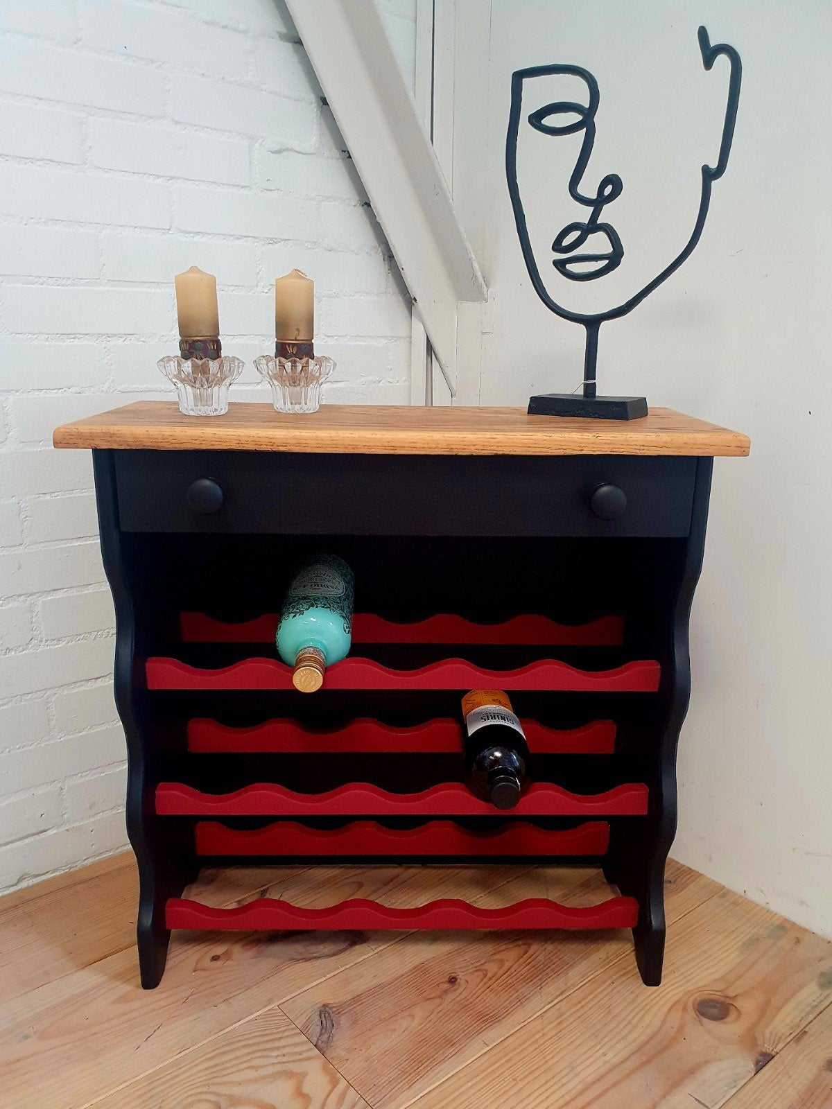 Wijnrek met lade - Zwart/Rood - Hout Wijnkastje, Ophalen, Gebruikt, 5 tot 15 flessen, 75 – 100