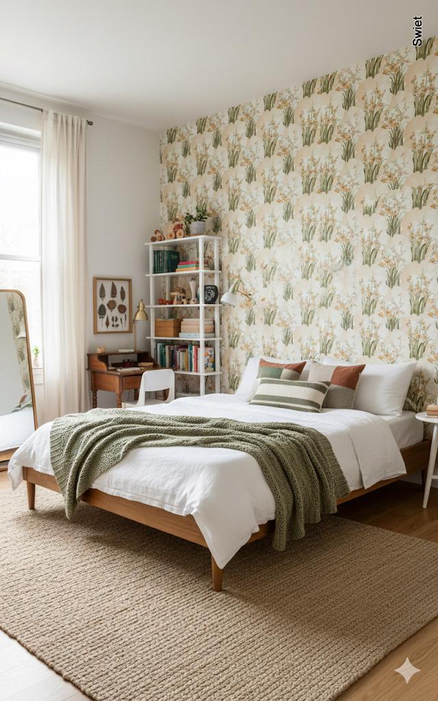 14150 vintage floral behang beige peach groen turquoise, Verzenden, Minder dan 10 m², Groen