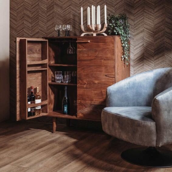 *OPRUIMING* Barkast Falcone Acacia Walnut €719,- NU €499 (11, Met deur(en), 100 tot 150 cm, Nieuw, Ophalen of Verzenden