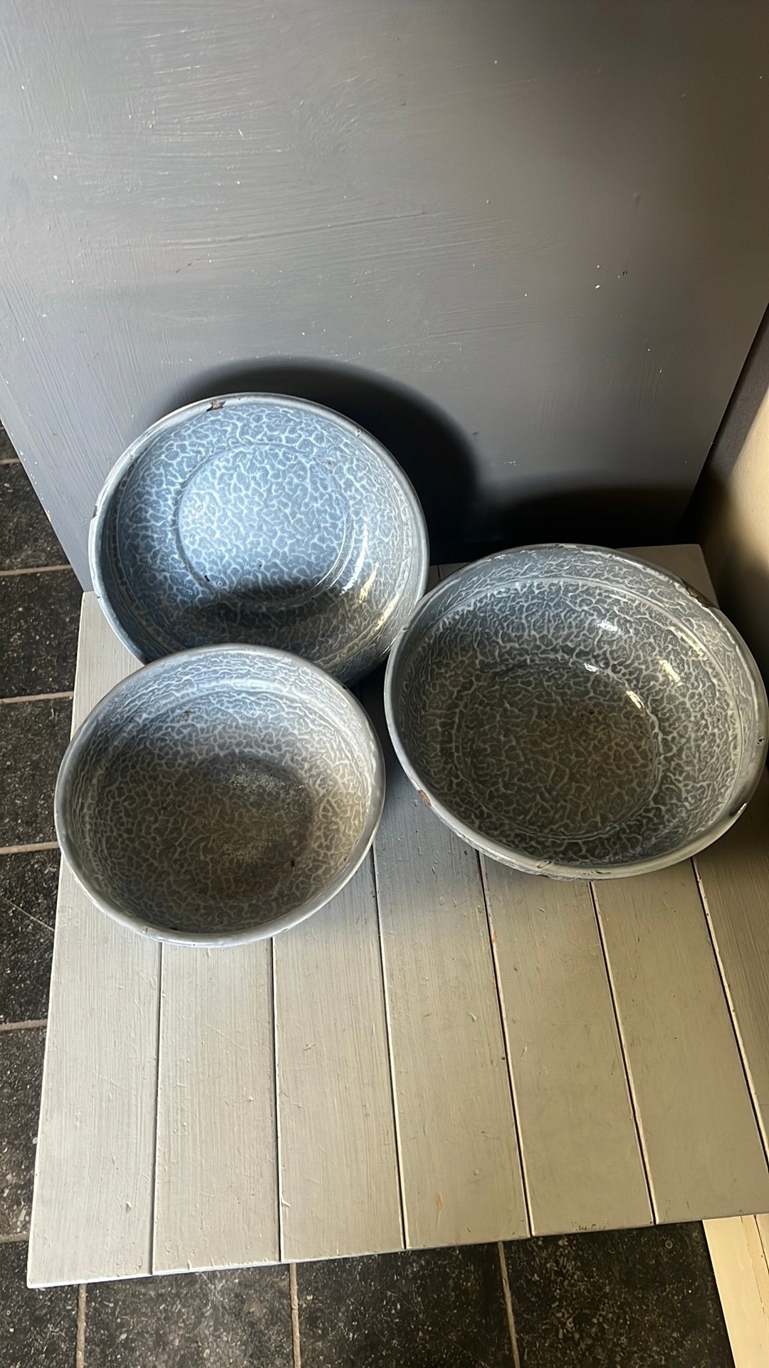 3 mooie schalen emaille grijs gewolkt, Ophalen of Verzenden