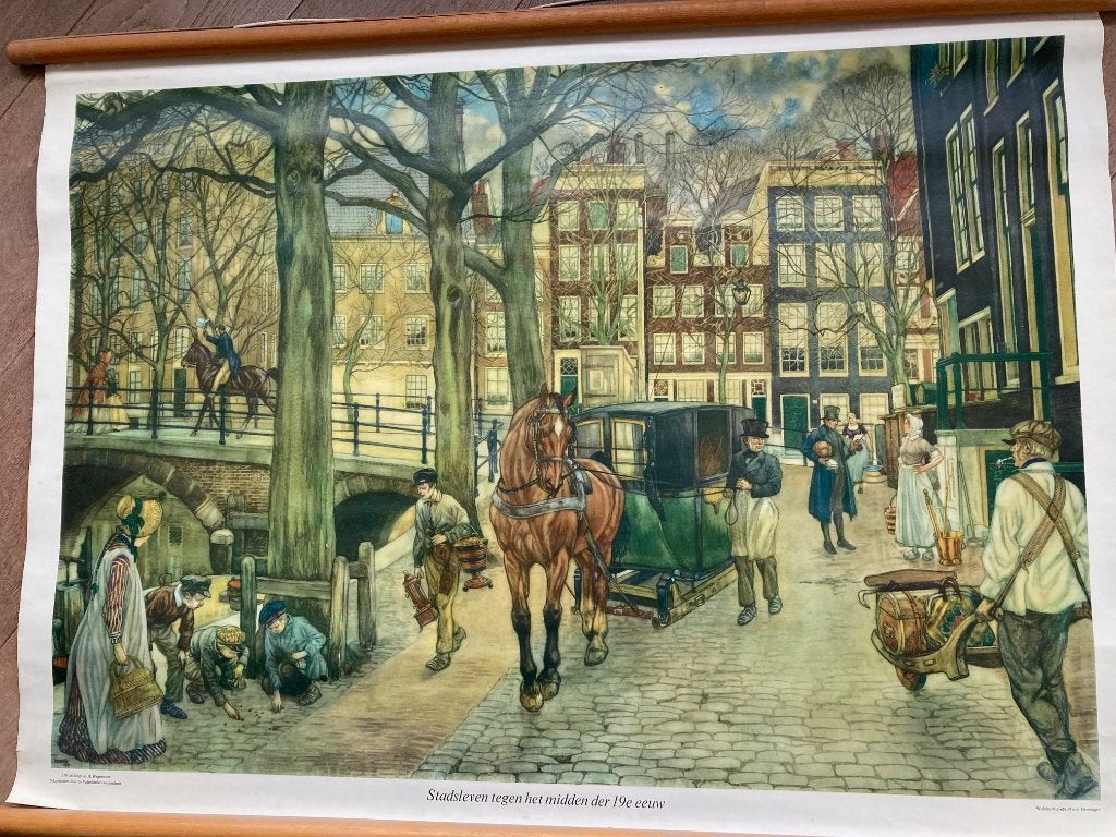 Schoolplaat Stadsleven, Antiek en Kunst, Kunst | Schilderijen | Klassiek, Ophalen, Oud hollands, Tekening, Stads- / dorpsgezicht