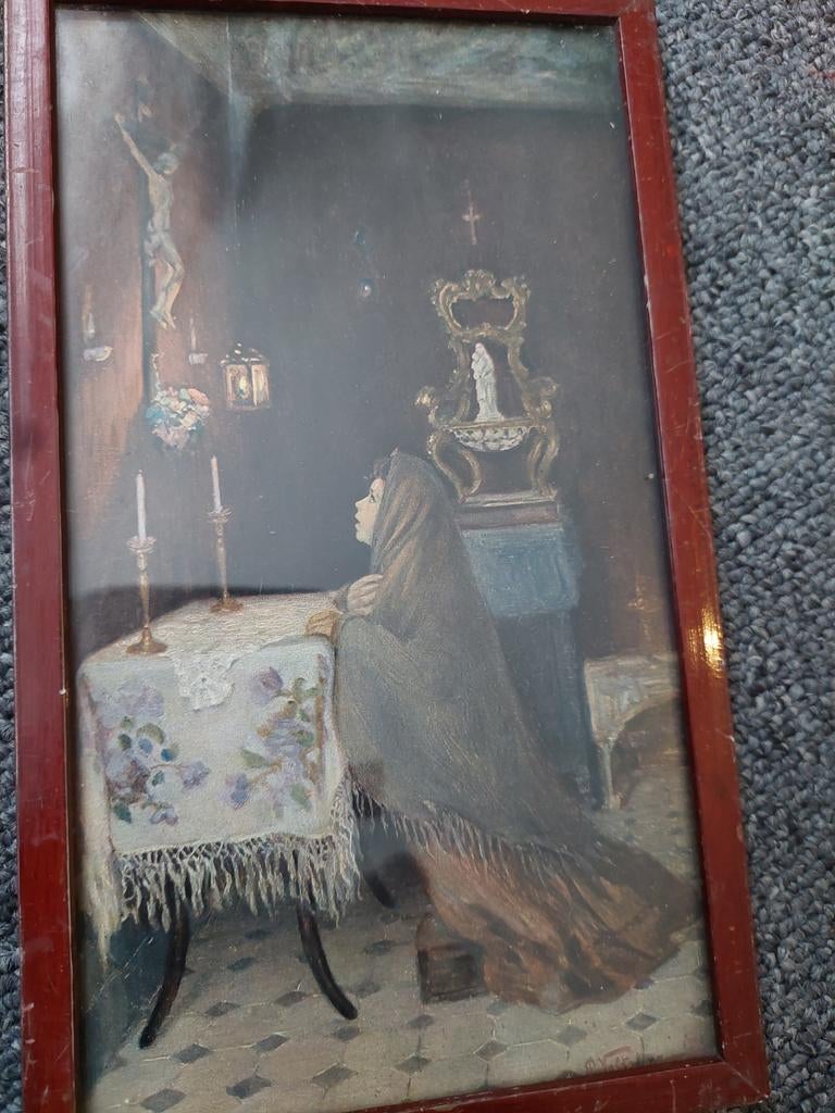 Oud schilderij met biddende vrouw, Ophalen